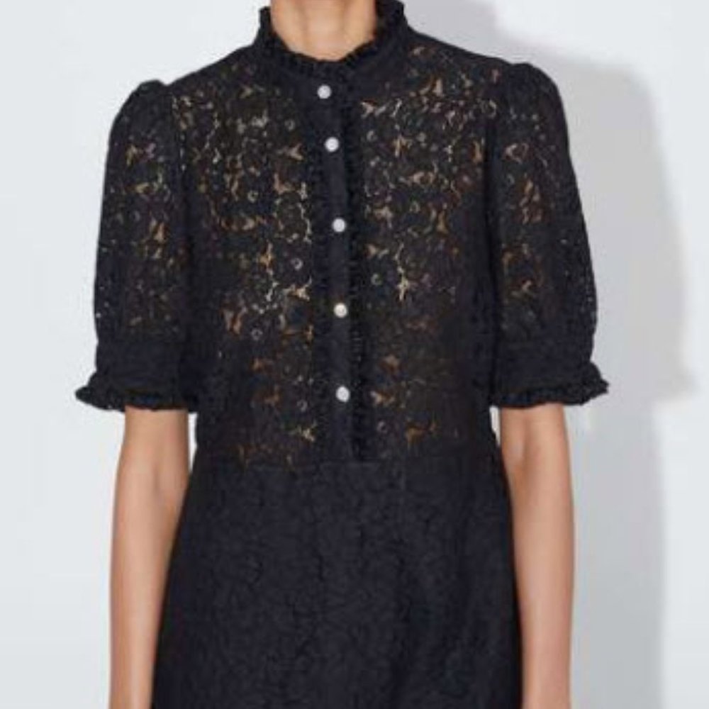 Zara  Lace Dress with Jewel Buttons Ruffle Collar